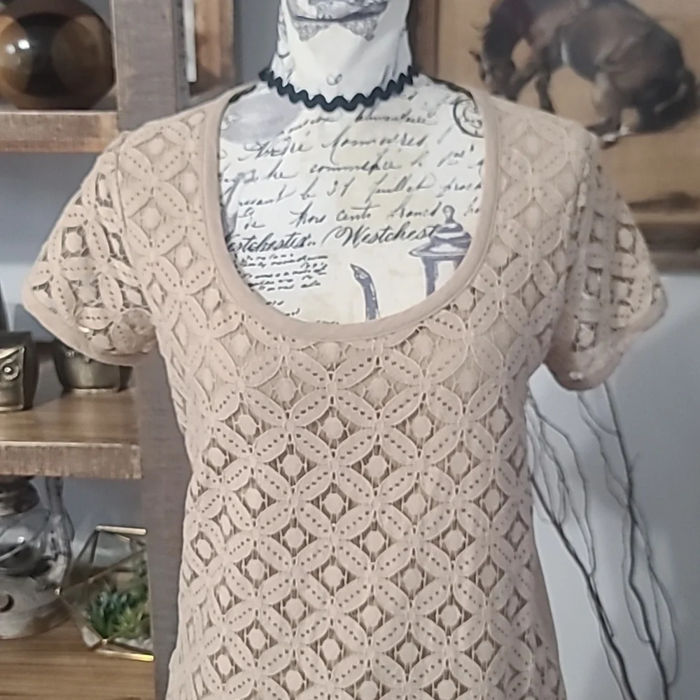 Jones New York Beige Lace Scoop Neck Short Sleeve Top